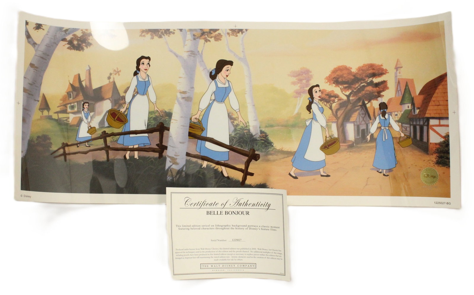A Limited Edition "Belle Bonjour" Sericel with lithographic background from Beauty and the Beast.: Produced in 2008 by the Walt Disney Company, this limited edition Sericel on lithographic background is in excellent condition. The edition is limited to 1991 pieces and features the Disney certified 