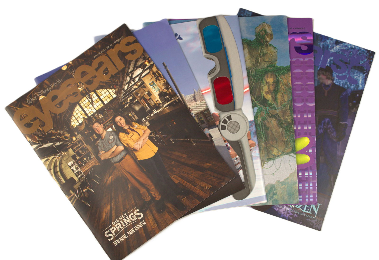 Six (6) Ride Theme Eyes and Ears Cast Magazines.: Measuring 8.5" by 11", the new format Magazine contains more content and printing techniques. This set includes Star Tours, Cars Land, Disney Springs Grand Opening, Pandora, Toy Story Land, and Frozen