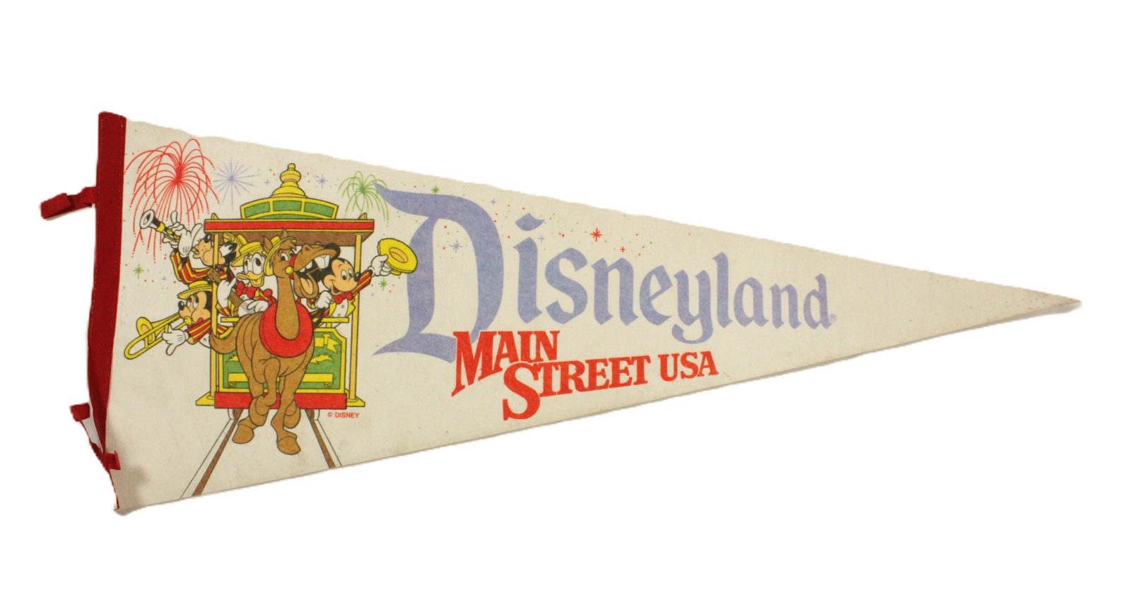 A Vintage White Disneyland Pennant.: (Disneyland, 1980s) A white Disneyland character pennant. This pennant features Disney characters such as Mickey, Minnie, Goofy, and Donald. This pennant measures 11.25"x28.5" and is in good condition