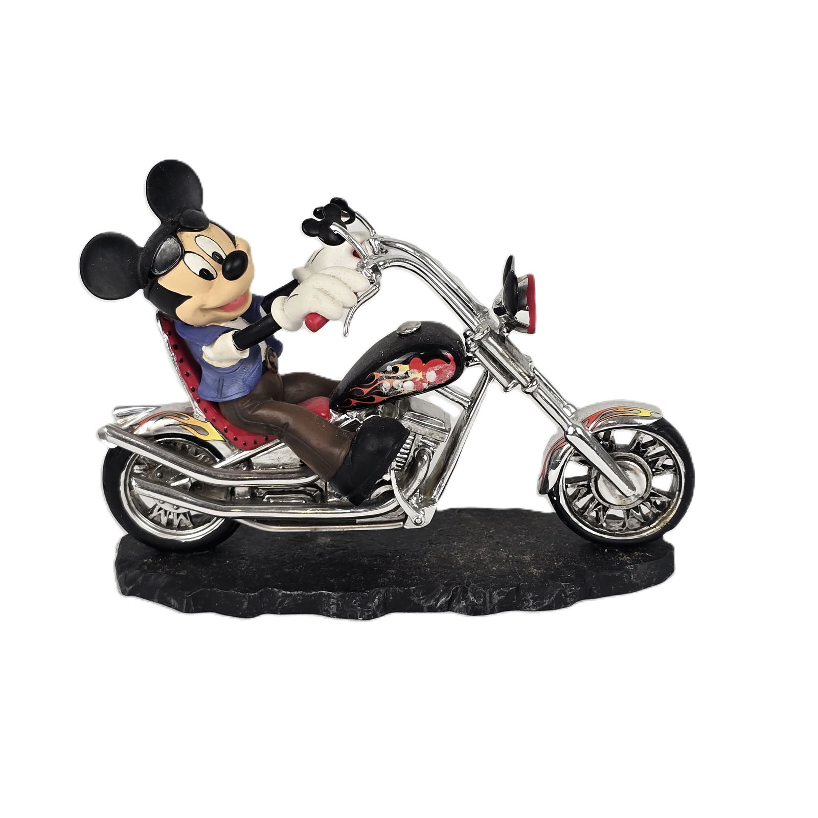 A Mickey Mouse On A Chopper Motorcycle Figurine.: (Hamilton Collection) This is a figure of Mickey Mouse riding a red motorcycle. Titled “Motorin' With Mickey” from the “Mickey and Friends' fun on the Open Road” collection. It was lim