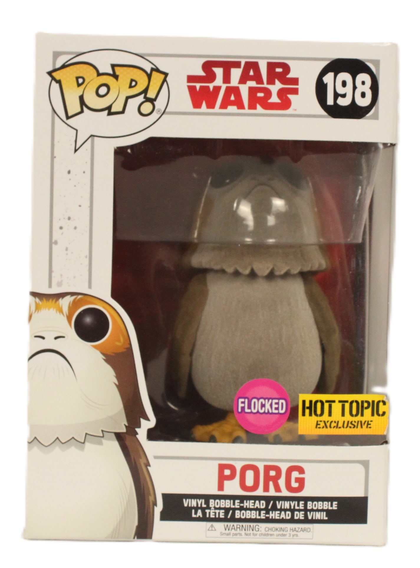 A Flocked Hot Topic Exclusive Porg #198 Funko Pop.: This is an excellent condition Porg #198. It is the closed mouth Flocked Hot Topic Exclusive version