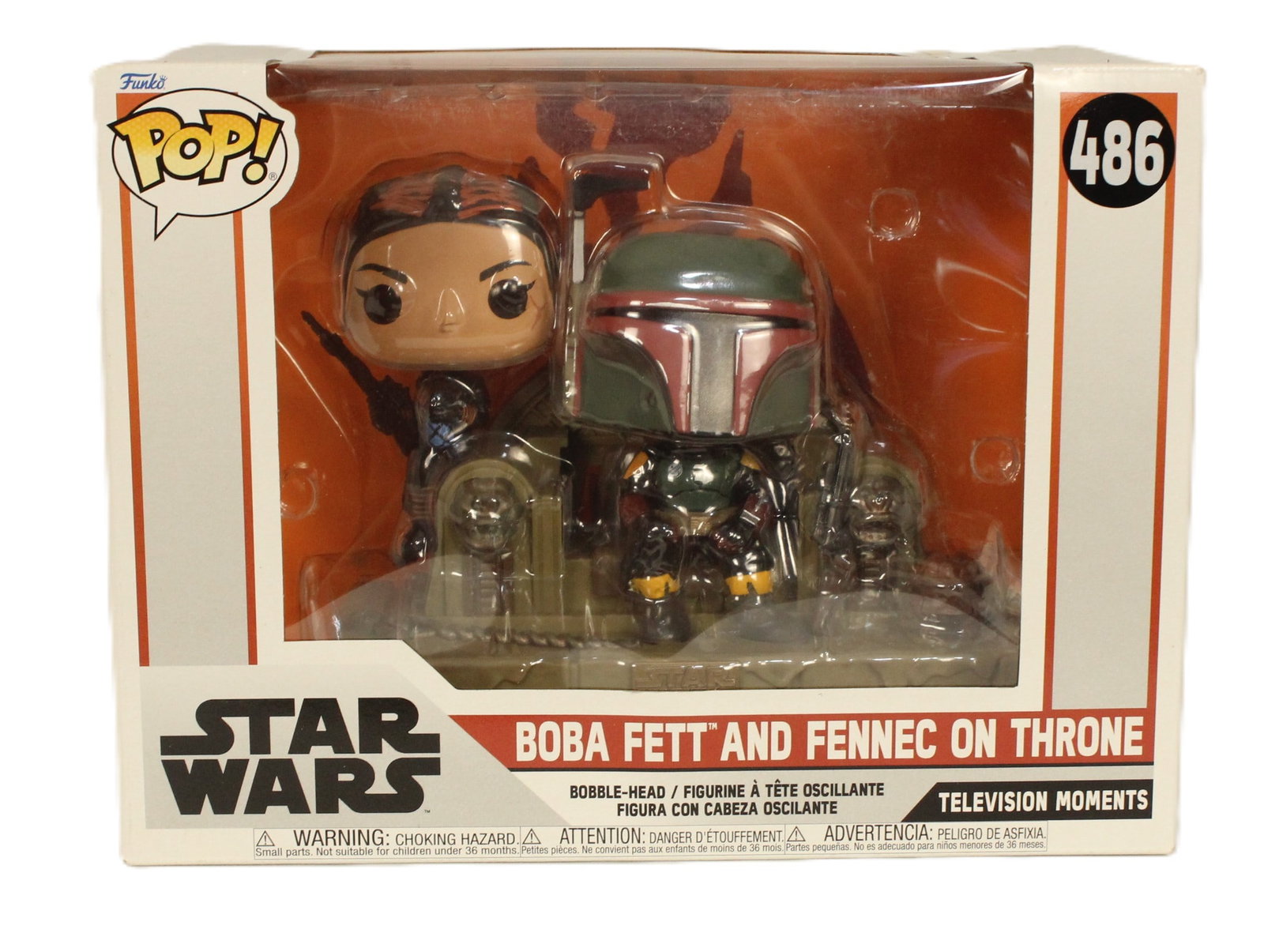 A Large Boba Fett and Fennic on Throne #486 TV Moments Funko Pop.: This is an excellent condition large size TV Moments Funko Pop #486. The scene is from The Book of Boba Fett after Boba Fett and Fennic Shand infiltrate the former Jabba's palace and kill Bib Fortuna.