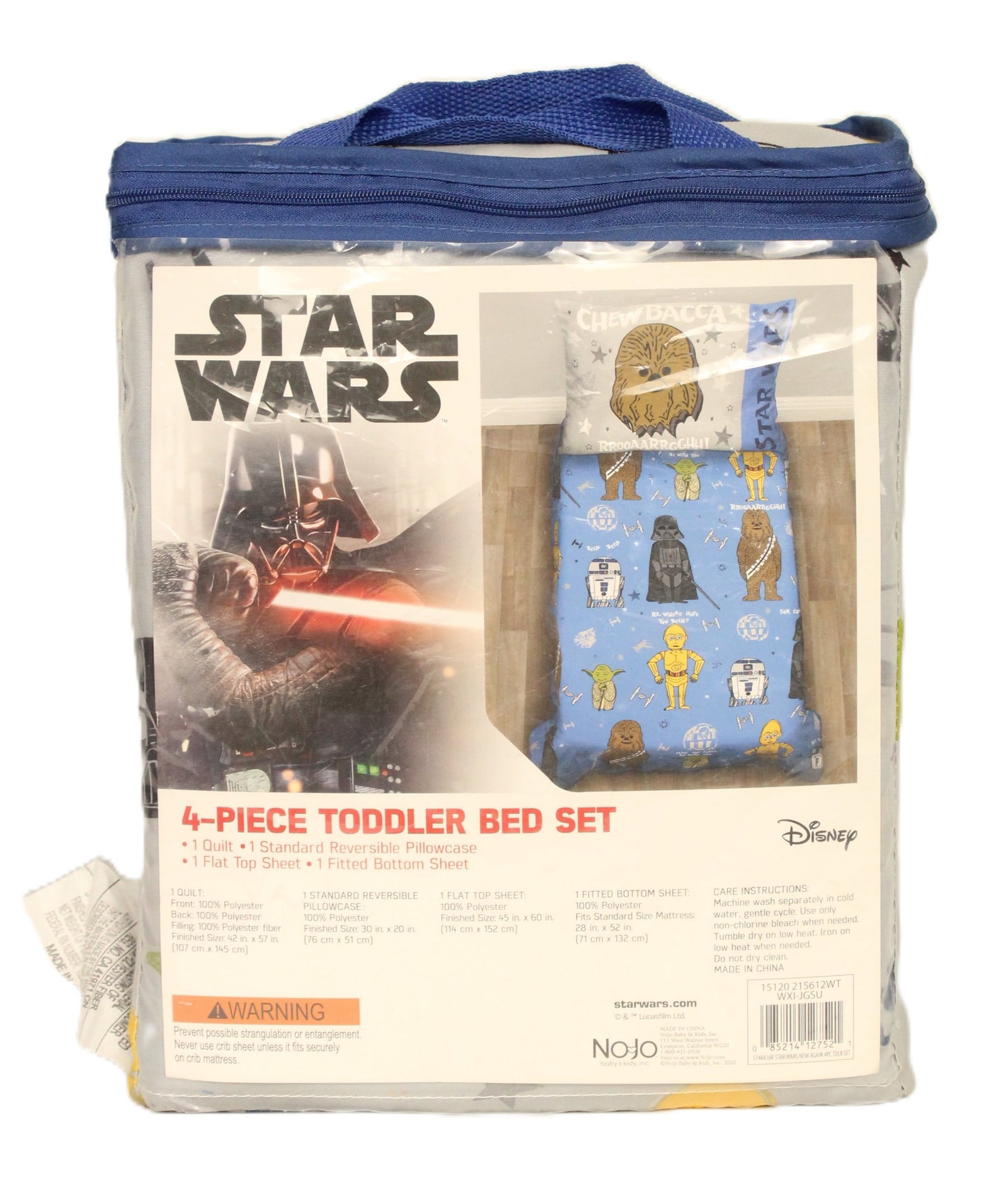 A New Star Wars 4-Piece Toddler Bed Set By NoJo.: This cute bed set includes 1 quilt, 1 standard reversible pillow case, 1 flat top sheet and 1 fitted bottom sheet. It includes cutely drawn characters including Chewbacca, Yoda, R2-D2, C-3PO, and Dart