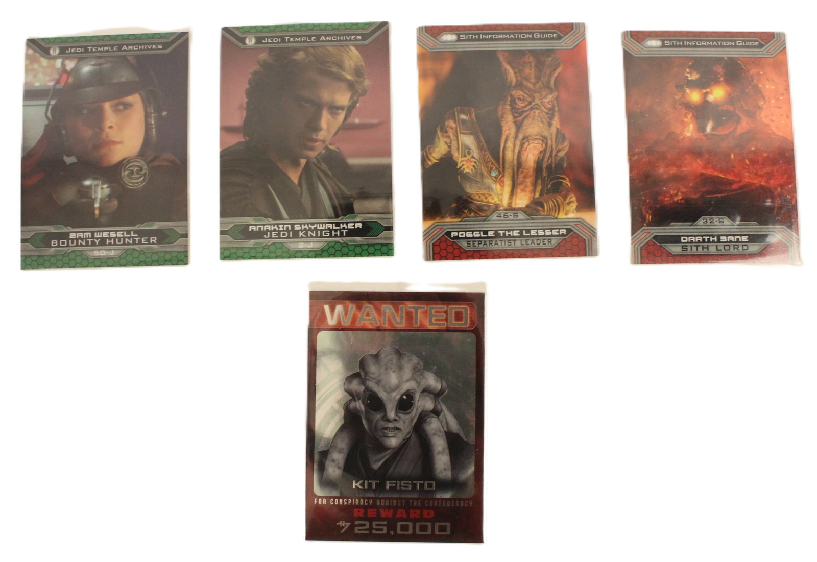 A Set of (5) 2015 Topps Chrome Star Wars Perspectives Trading Card.: These are ungraded but near mint Topps Chrome Star Wars Perspectives Trading Cards. Included are a Sith Information Guide 32-S Darth Bane Sith Lord, a Sith Information Guide 46-S Poggle The Lesser Sep