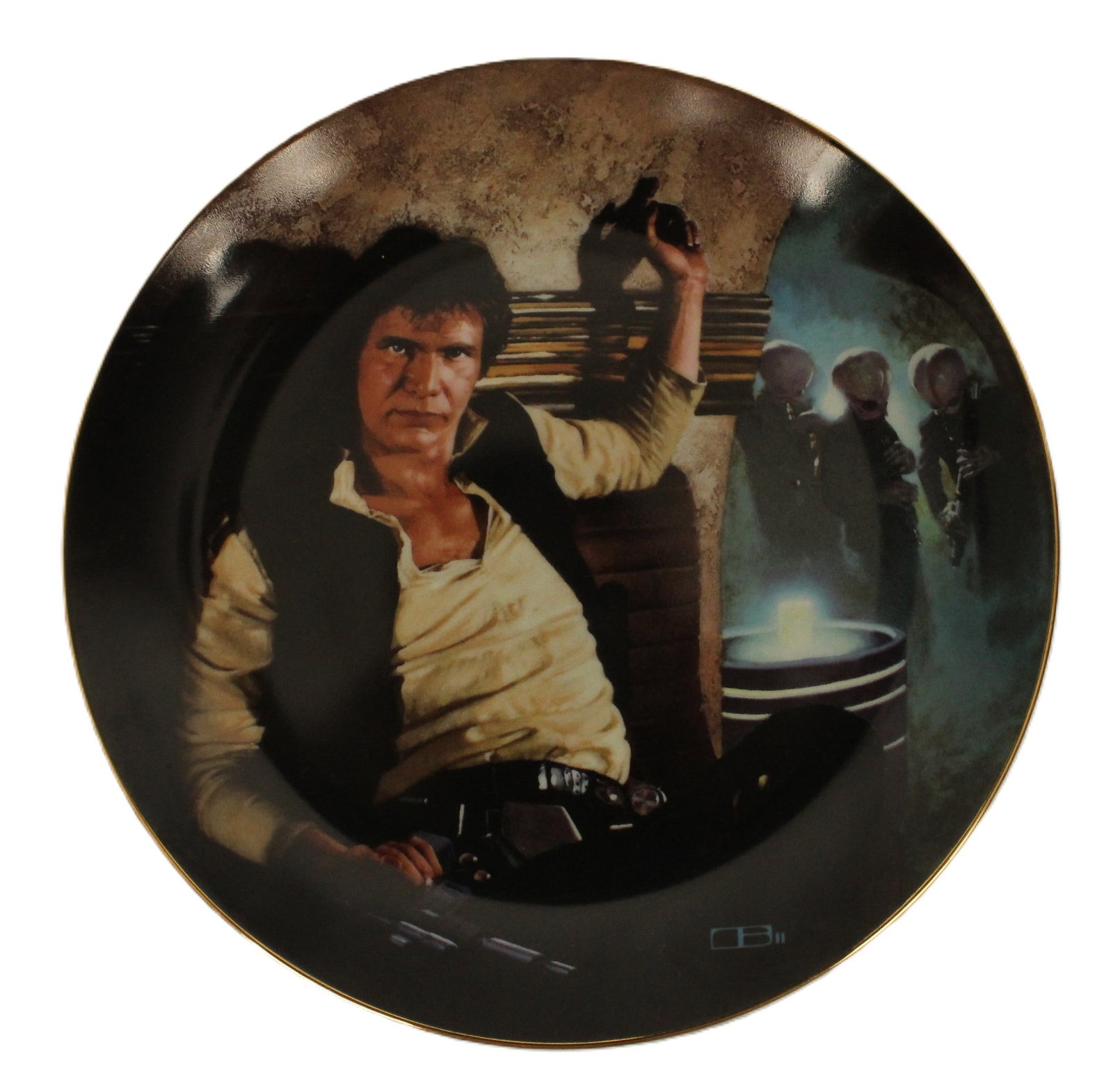 A Han Solo Collectors Plate.: (The Hamilton Collection, 1986) This is the first issue in the Star Wars Plate Collection and it features Han Solo in the Mos Eisley Cantina. It is individually numbered as plate 1083 S.