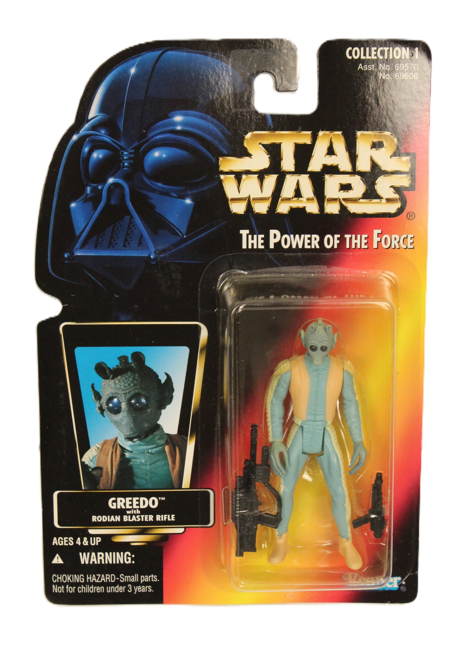 1996 Power of the Force Greedo Action Figure.: (Kenner, 1996) This is a new-in-box Star Wars The Power of the Force Collection 1 Greedo with Rodian blaster rifle action figure. The box is in near mint condition.