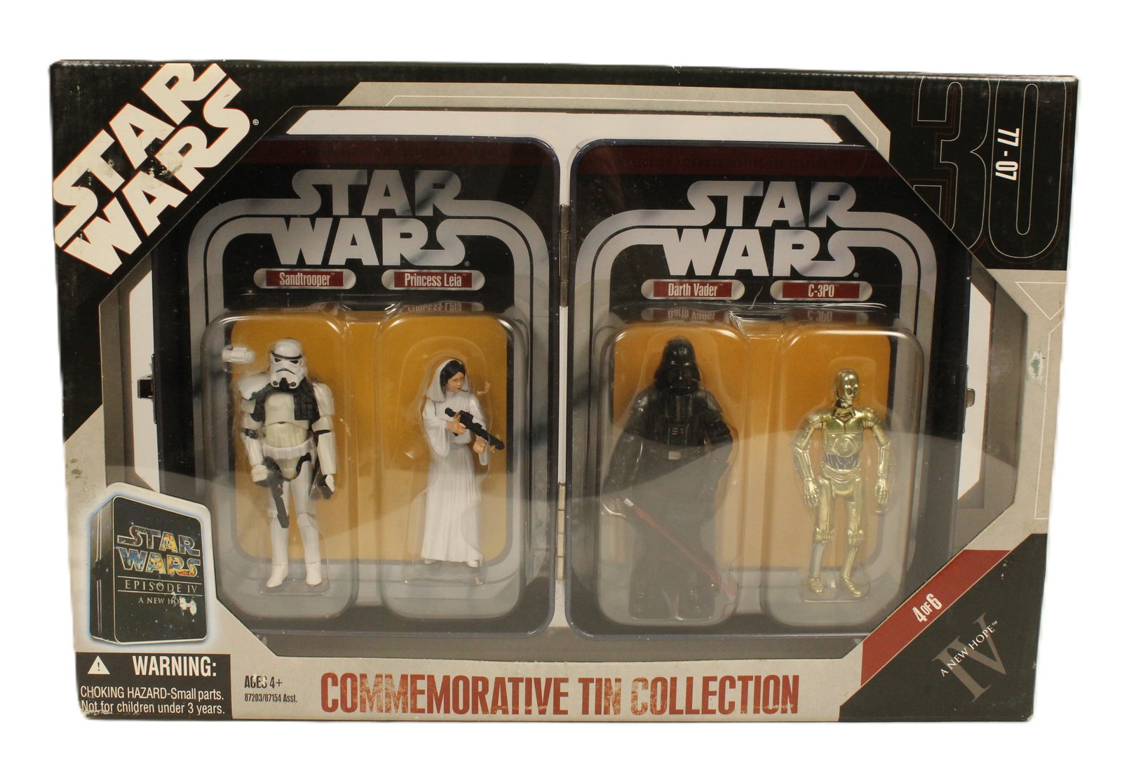 A Star Wars Commemorative Tin Collection Episode IV One Of Six.: (Hasbro, 2006) This is a new-in-box Commemorative tin collection featuring 4 action figures from the Episode IV A New Hope film. It is 1/6 in the series. It is in near mint condition with the box show