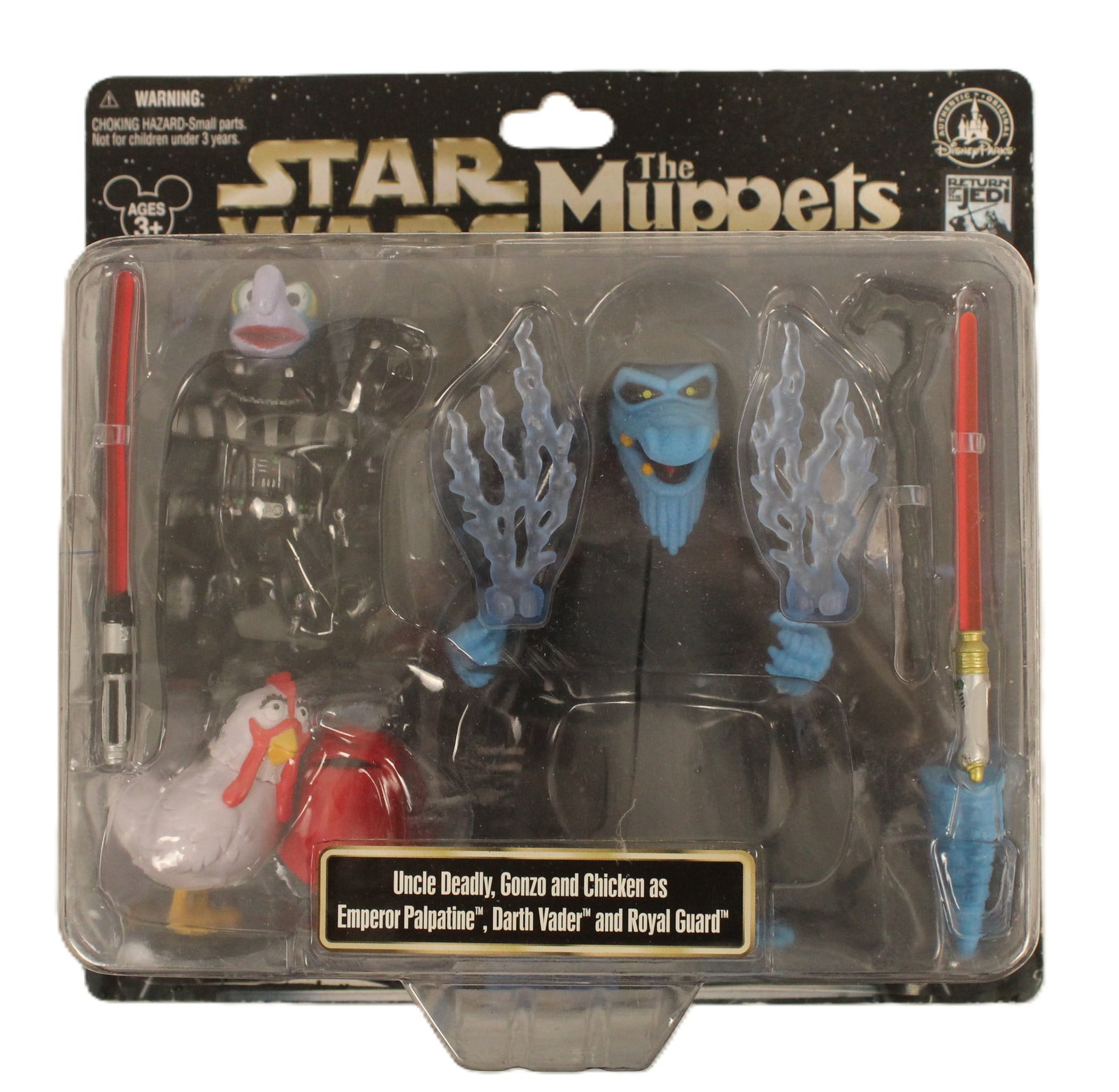 A Star Wars The Muppets Uncle Deadly, Gonzo and Chicken Action Figures.: (Disney Merchandise, 2013) This is a Muppets and Star Wars crossover to celebrate the 30th anniversary of Return of the Jedi. It features Uncle Deadly, Gonzo and Chicken as Emperor Palpatine, Darth Va