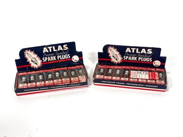 Lot of two NOS Standard Oil Atlas Spark Plugs countertop display boxes.