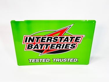 NOS Interstate Batteries single-sided tin garage sign.