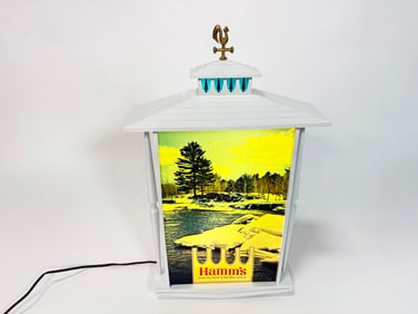 1960s Hamm's Beer white chalet light-up tavern sign. Small version. Presents complete with rooster.