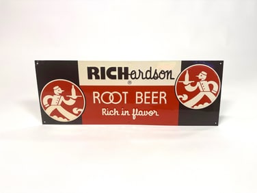 NOS late 1950s Richardson Root Beer single sided embossed tin sign.