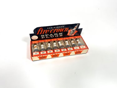 NOS early 1960s Fire Crown Spark Plugs countertop display box.