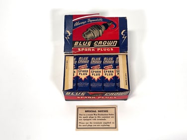 NOS circa 1930s-40s Blue Crown Spark Plugs countertop display box.