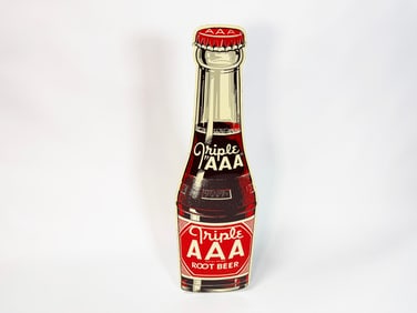 NOS 1948 Triple A Root Beer single-sided die-cut bottle-shaped tin sign.