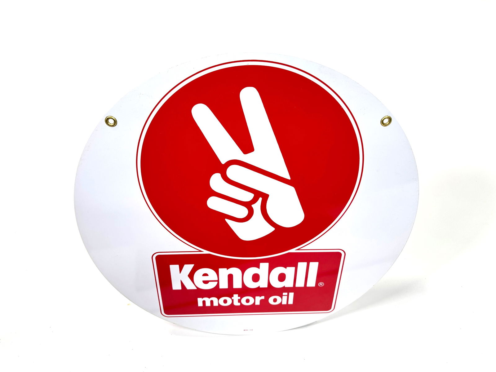 NOS vintage Kendall Motor Oil double-sided tin garage sign.: NOS vintage Kendall motor oil double sided 10 garage sign. Features. Hand finger logo. Condition: 9.25+. Size: 24” Diameter.