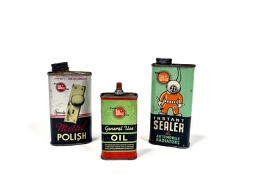 Lot of three 1950s Whiz Products tins.