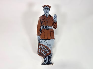 Reproduction Hood Tires single sided die-cut porcelain sign.