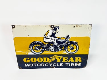 Reproduction - 1930s Style Goodyear Motorcycle Tires single-sided porcelain sign with graphics.
