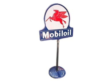 Circa 1930s-40s Mobil Oil double-sided porcelain curb sign.