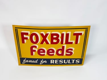 NOS 1950s Foxbilt Feeds single-sided tin sign.