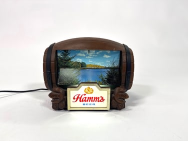 1960s Hamm’s Beer lighted, flip top motion barrel shaped tavern sign.