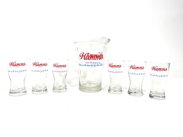 Lot of six circa 1960s Hamm’s Beer glass Tavern glasses with serving pitcher.