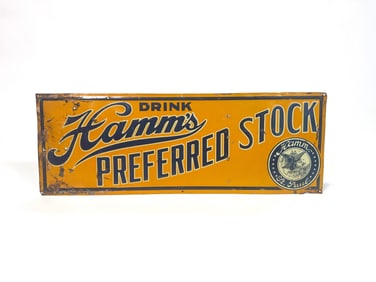 Scarce 1930s Hamm’s Preferred Stock Beer single sided embossed tin sign