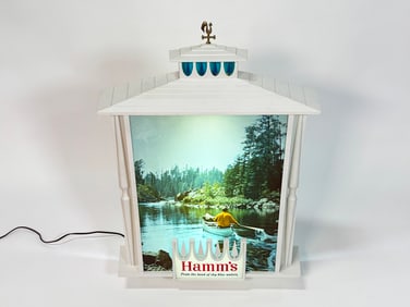 Large 1960s Hamms Beer white chalet light-up tavern sign with Northwood's Canoe scenery.