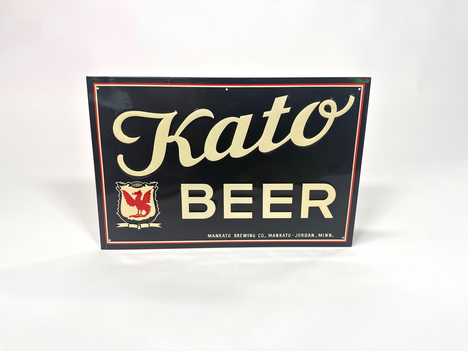 Circa 1930s 40s Kato Beer single sided Beer tin tavern sign.: Circa 1930s – 40s Kato Beet single-sided in bars tin tavern sign. From Mankato brewing Company of Mankato, Minnesota. Condition: 9.25–9.5. Size: 17.5” x 11.5”.