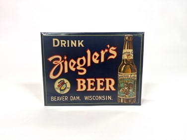 1930s Drink Ziegler‘s Beer single-sided tin sign.