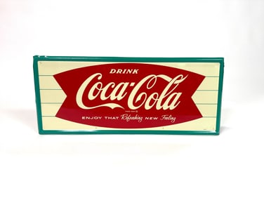 Uncommon NOS 1950s Drink Coca-Cola single-sided tin sign.