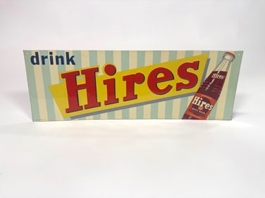 NOS late 1950s drink hires single sided embossed tin sign with striped graphics.