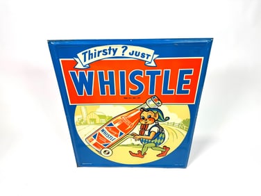 Scarce NOS 1948 Whistle Orange Soda single sided embossed tin sign.