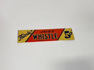 NOS 1930s Whistle Orange Soda tin push plate sign.