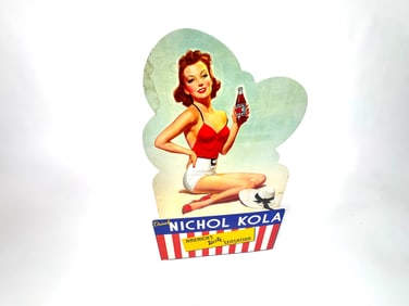 1940s Nichol Kola Soda pinup girl easel backed  cardboard, sign.