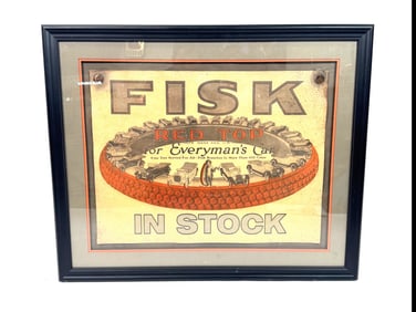 Brass era Fisk Tires garage poster with graphics.