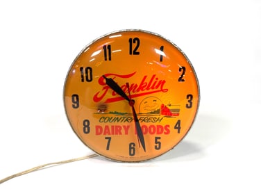 Circuit early 1960s Franklin country fresh dairy products, single sided light up clock.