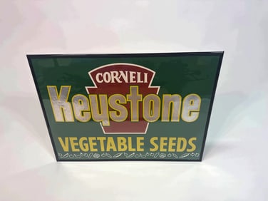 1950’s Cornell Keystone Vegetable Seeds framed reflective general store poster.