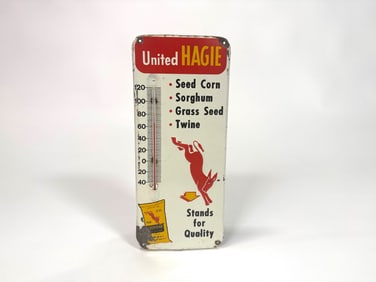 Circa early 1960s United Hagies single sided tin thermometer.