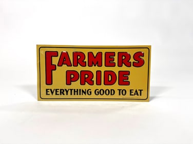 NOS 1930s farmers pride products single-sided embossed tin sign.