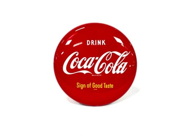 NOS 1950s Coca-Cola Sign of Good Taste 12 inch tin button sign.