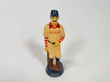 1950s Kessler Whiskey  baseball player themed chalk ware bar back display piece.