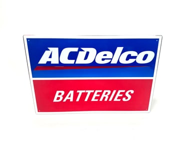 NOS vintage AC Delco batteries, single-sided tin garage sign.