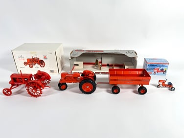 Lot of four Allis-Chalmers tractors and wagon with Mini Farm Boy Pedal Tractor by Scale Models, Ertl