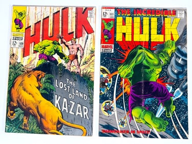 Lot of two 1968 and 1969 The Incredible Hulk comics by Marvel
