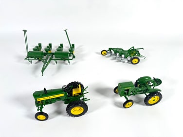 Lot of four John Deere tractors, plow and planter by Ertl and SpecCast