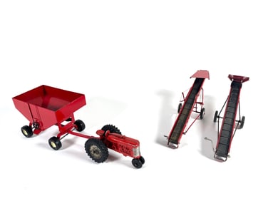 Lot of four unbranded tractor, towable grain elevators and cart