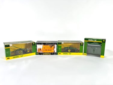 Lot of four John Deere Plows, Crawler and Grain Drill by Ertl and SpecCast in box