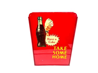 Uncommon late 1940s-early 50s Coca-Cola take some home tin rack sign.